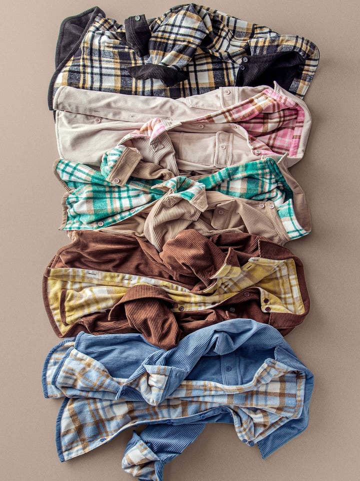 Plaid Flannel-Lined Corduroy Shacket for wholesale by Urban Daizy