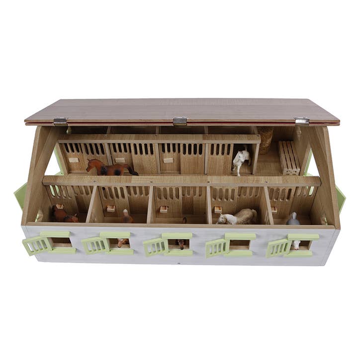 American Hobbies & Merchandising - Wholesale Wood Toy - Kids - Kids Globe 1:24 Scale Wood Horse Stable Toy W/ 7 Stalls Pink1