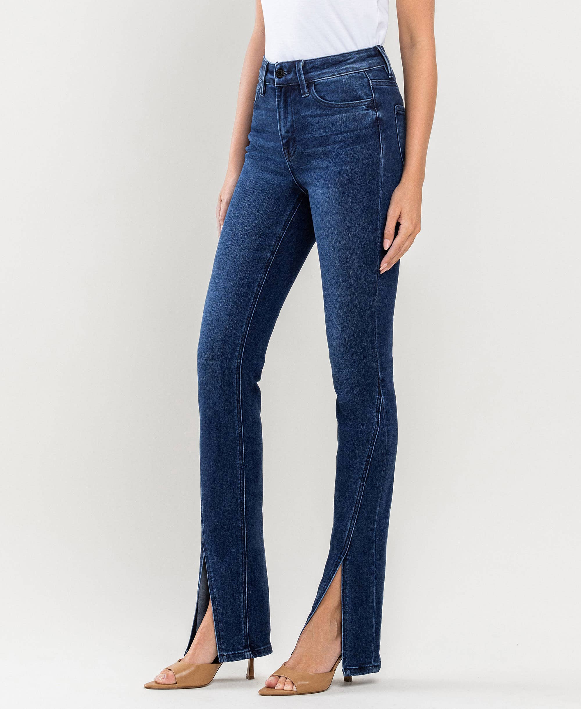 HEBE HIGH RISE SLANTED SLIT DETAIL SLIM STRAIGHT JEANS F4969 for wholesale on Faire1