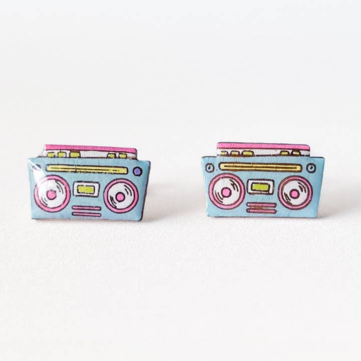 Retro Boombox Funky Music Quirky 80s Wood Earrings for wholesale by PinTonik