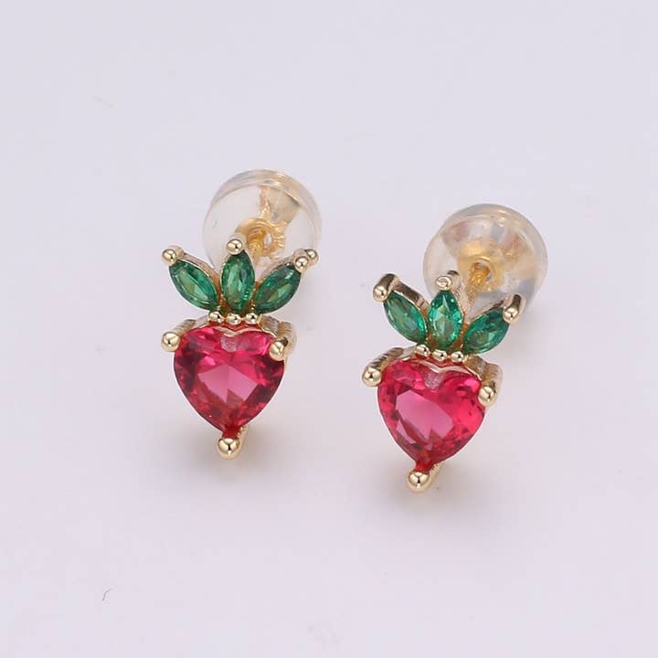 Gold Strawberry Stud Earring, Crystal Berry Studs, Strawberry Fruit Earring, Minimalist Earring, Dainty Earrings for Girls, Gift P-016 for wholesale by Aim Eternal