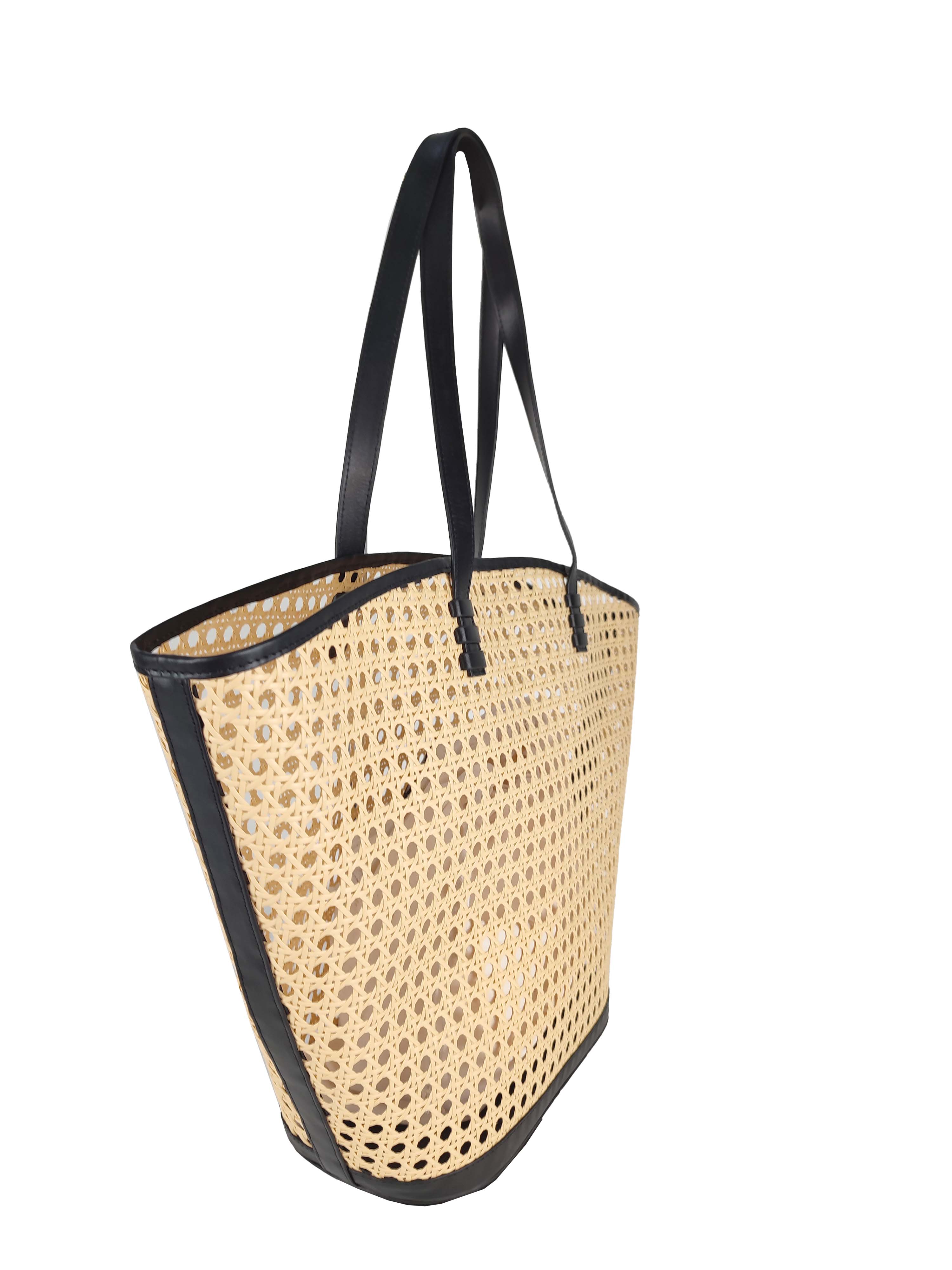 Florence Leather - Wholesale Beach Bag - Rattan handbag with leather details1