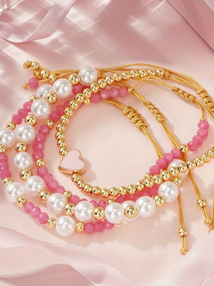 Pearl Golden Beads Adjustable String 4pcs Bracelet Set for wholesale by 1 the Woman