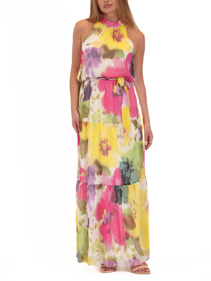 Abito lungo senza maniche con collo alto e cintura in vita per la vendita all'ingrosso da parte di Donna Ricco