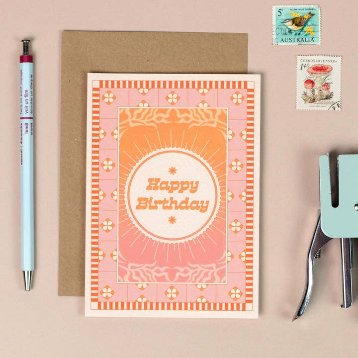 Happy Birthday Card | Pink & Orange Sunset Greeting Card for wholesale by Lately Studio