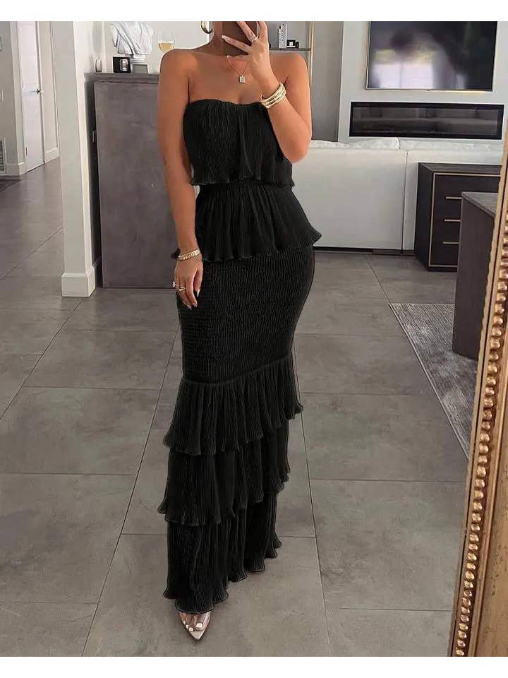 Queen Fashion - Wholesale Dress - Women's - bandeau shirred ruffle hem layered dress1