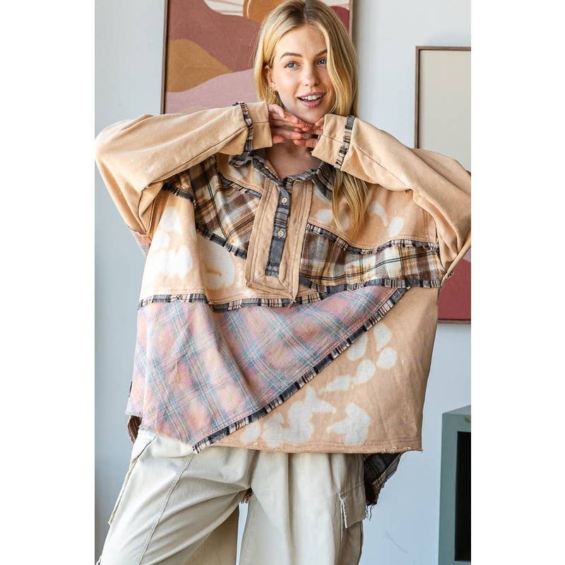 Oli&Hali - Wholesale Shirt - Women's - BLEACH DETAIL BUTTON PLACKET MIX MEDIA SHIRT1