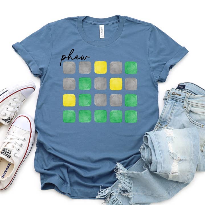 Refinery Number One LLC - Wholesale Screen Printed T-Shirt - Women's - Phew Word Game T-Shirt - Wordle Game Tees