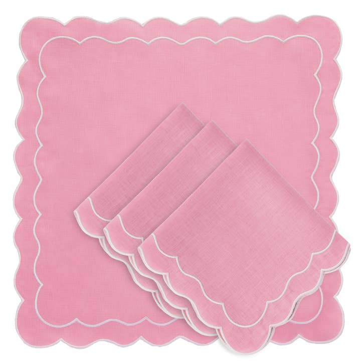 Set of 4 - Linen Scalloped Edged Napkins - Pink for wholesale by Clio and Clover