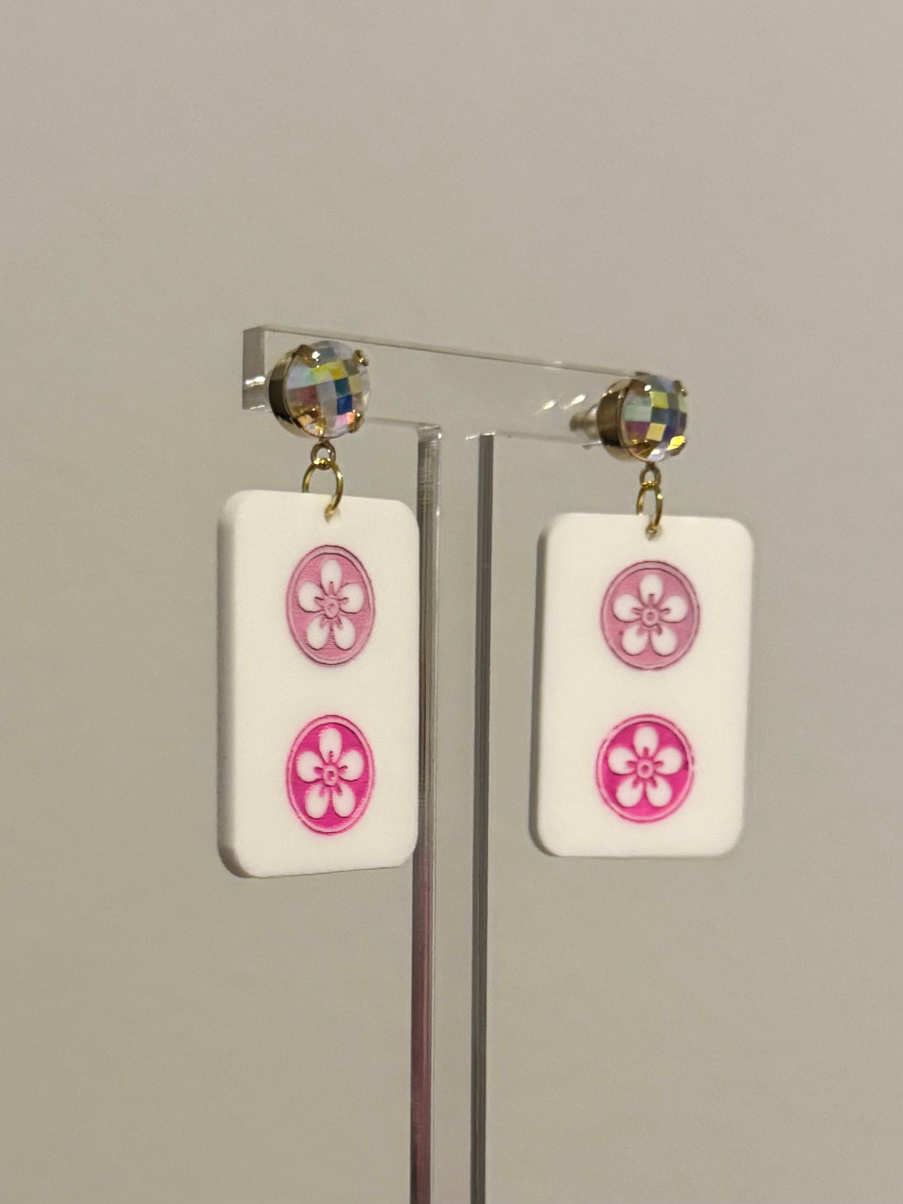 Louie Love - Wholesale Dangle Earrings - Acrylic Pink Mahjong Game Social Club Girls Earring3