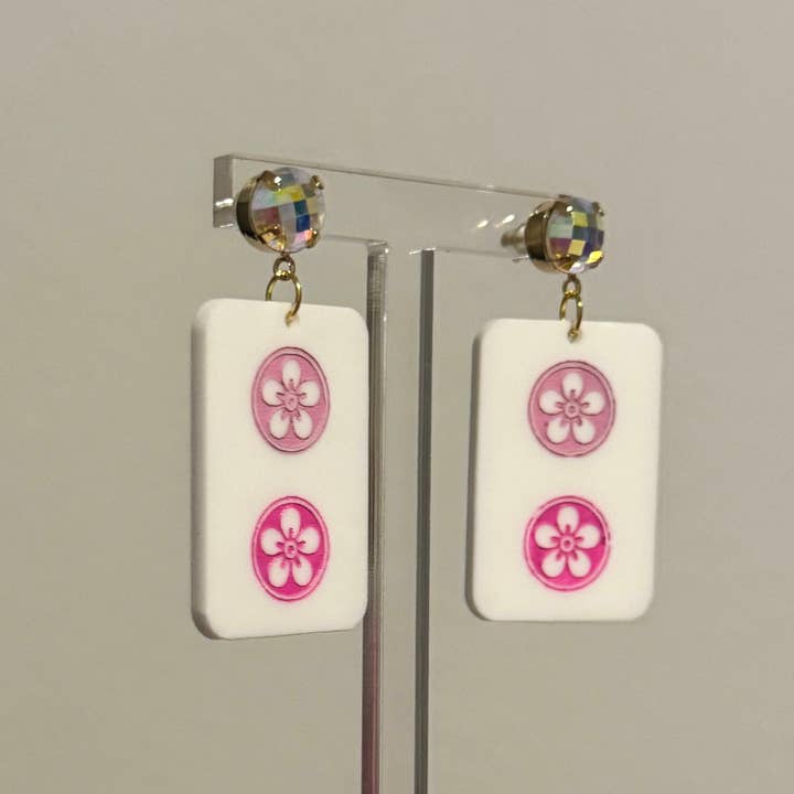 Louie Love - Wholesale Dangle Earrings - Acrylic Pink Mahjong Game Social Club Girls Earring3