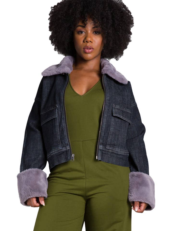 Women's Zip Up Faux Fur Trim Trucker Jacket for wholesale by Poetic Justice