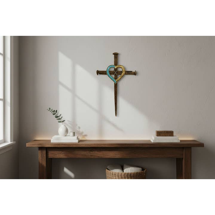 Resin Nail Turquoise Gold Heart Accent Wall Cross Décor for wholesale by De Leon Collections