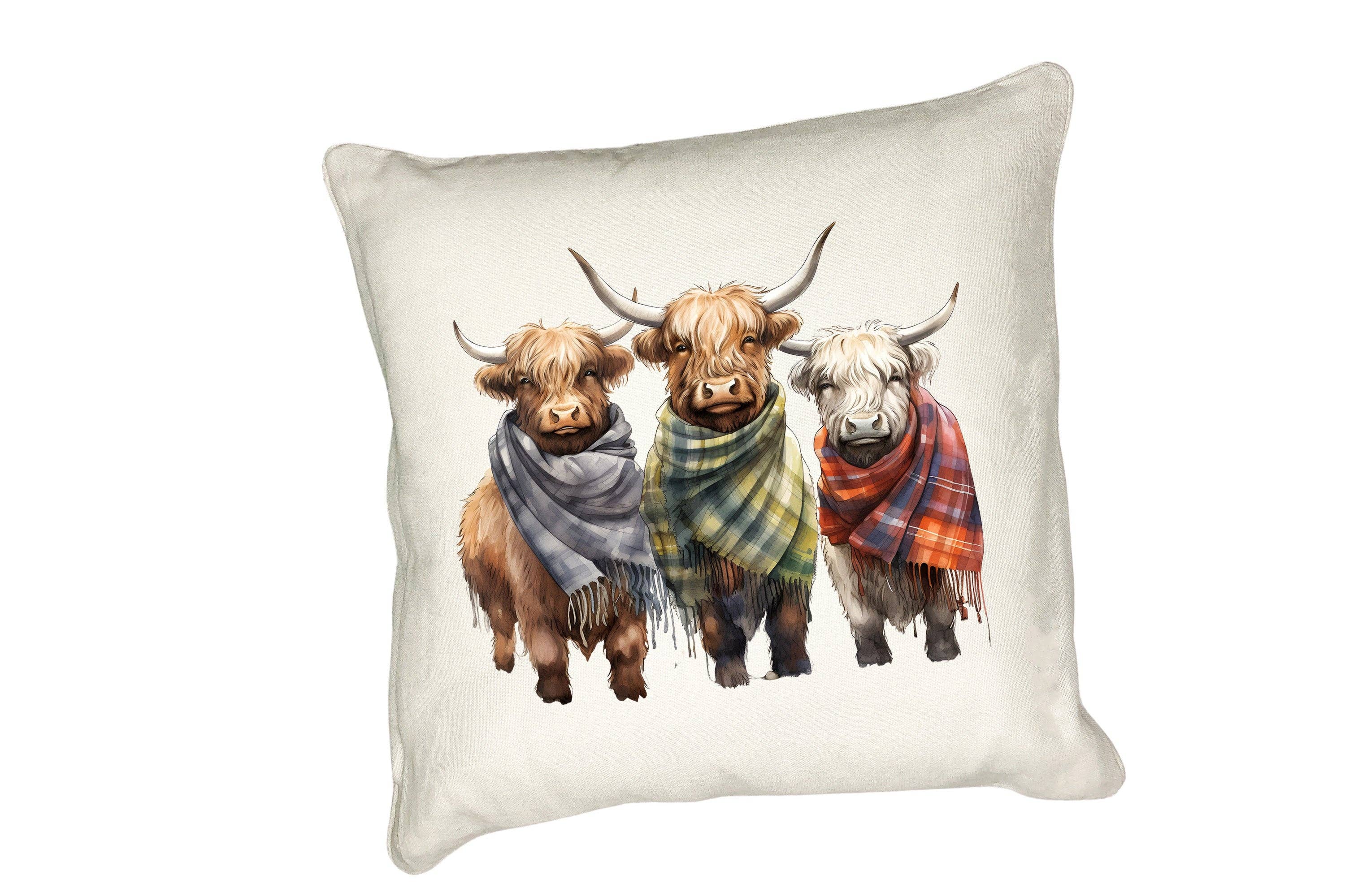 Noble & Page – wholesale Throw/decorative pillow – Highland Cow Cushion Watercolour & Tartan Scarves Design #30