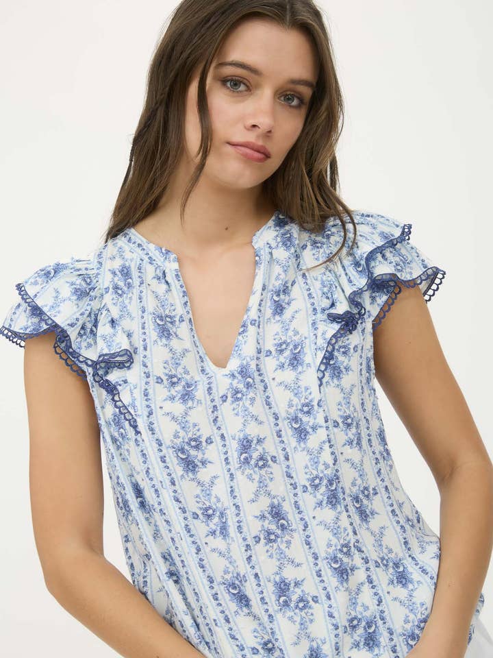 Blu Pepper - Wholesale Blouse - Women's - STRIPE FLORAL SPLIT NECK RUFFLE SLEEVE TOP