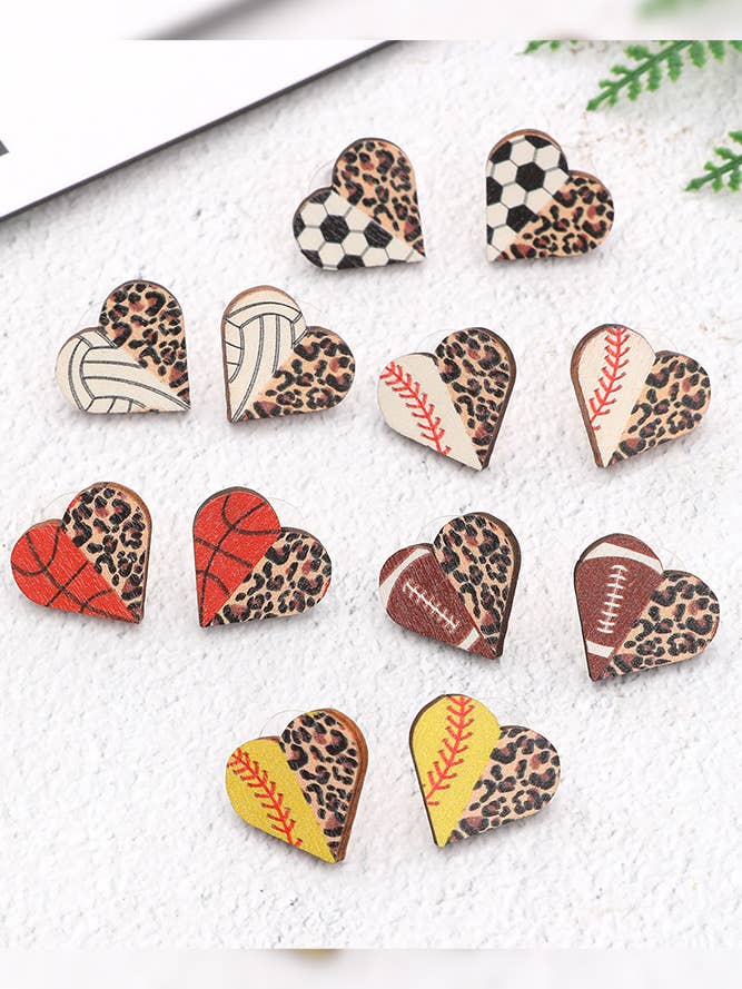 Leopard Heart Baseball Print Wooden Earrings MOQ 5pcs ZK646 for wholesale by UNISHE