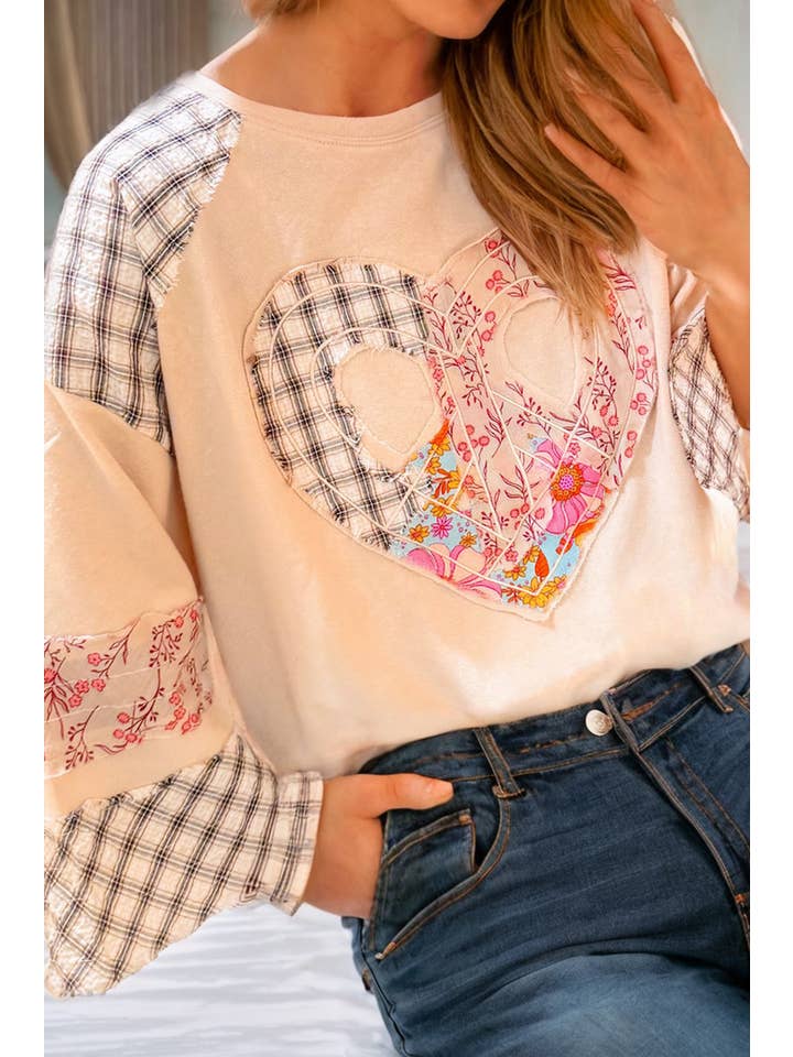 Little Daisy Closet - Wholesale Blouse - Women's - LDC Plaid Floral Patchwork Heart Shape Long Sleeve Top