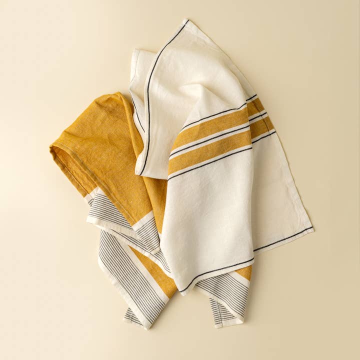 Indaba Trading - Wholesale Tea Towel - French Stripe Linen Tea Towels S/2, Yellow2