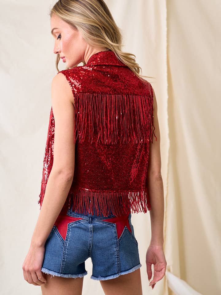 Saints & Hearts - Wholesale Outerwear Vest - Women's - SIJ5248A RED SEQUIN VEST W/ FRINGE / WESTERN VALENTINES DAY4