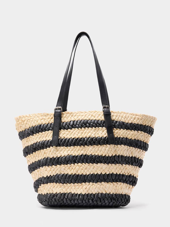 STRIPED WOWEN STRAW TOTE WITH BLACK HANDLES for wholesale by Touché Privé