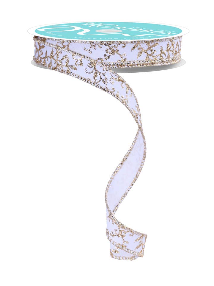 5/8"X10YD GLITTER MINI LEAF VINES - WHITE/GOLD - RGF1393C6 for wholesale by General Wholesale Inc