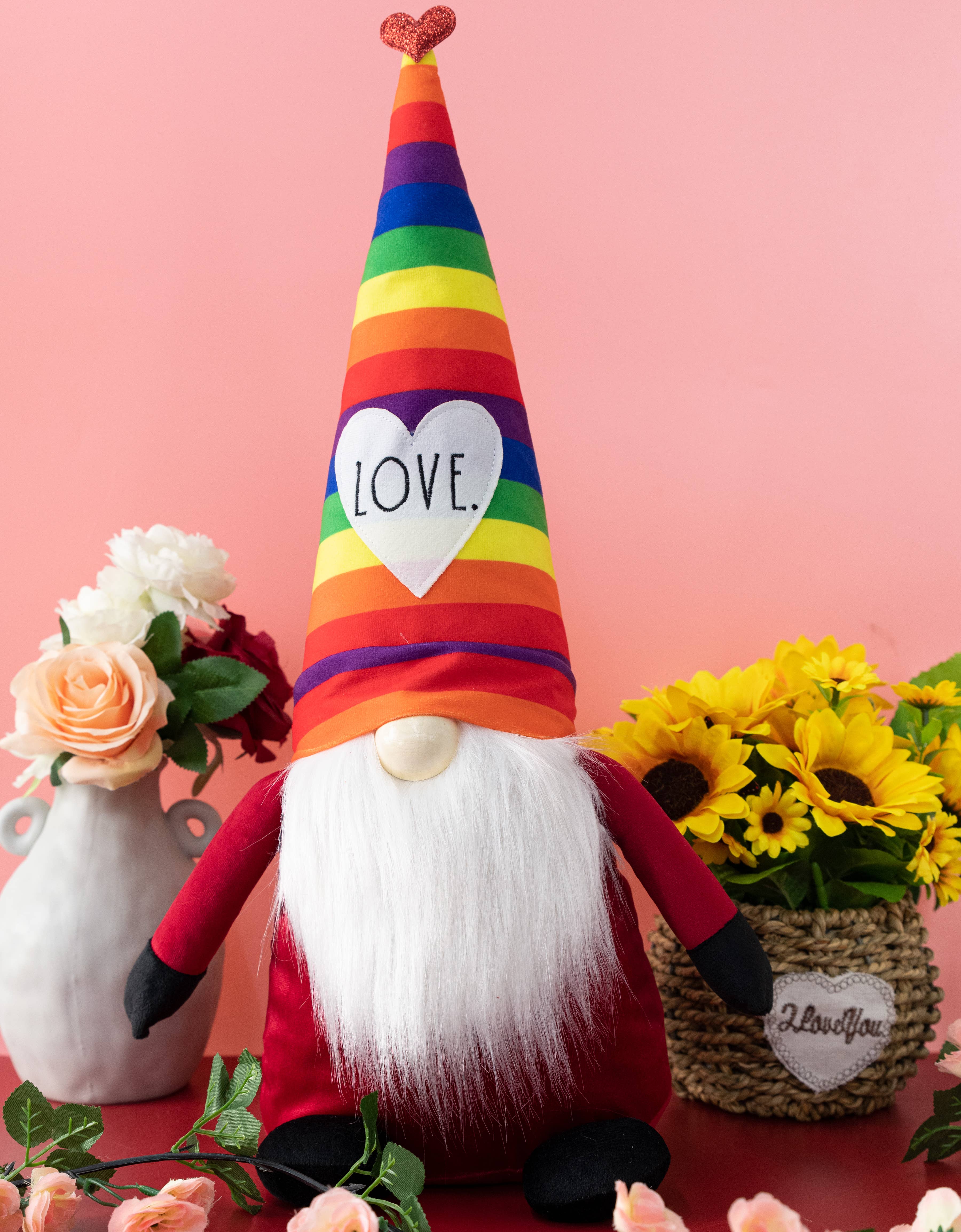 DesignStyles Home - Wholesale Decorative Tabletop Object - Rae Dunn “Love” Valentine Gnome with Rainbow Hat1
