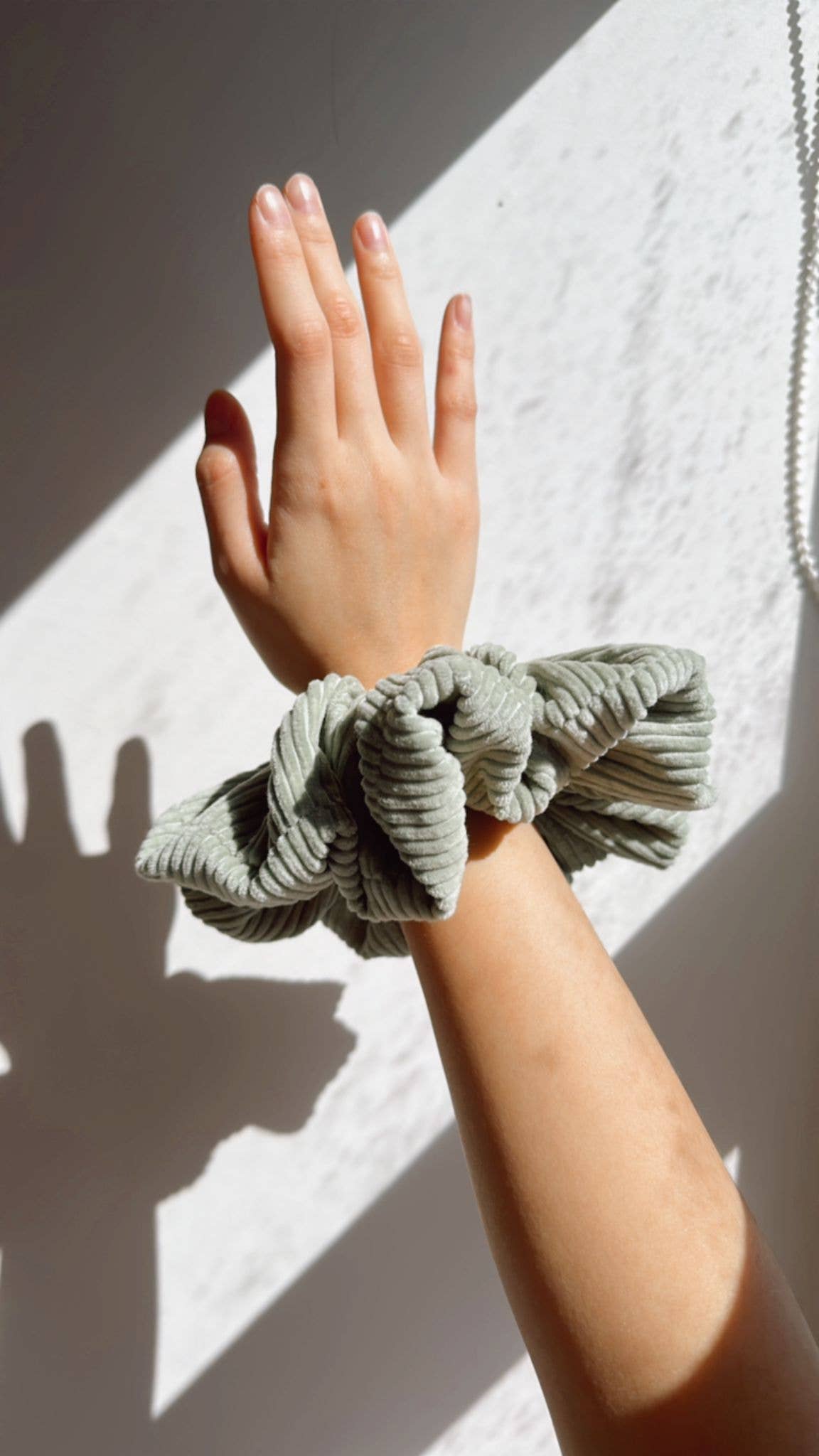 Weavey Studio - Wholesale Scrunchie - Women’s - Sage Oversized jumbo corduroy fabric scrunchie, XL scrunchie2