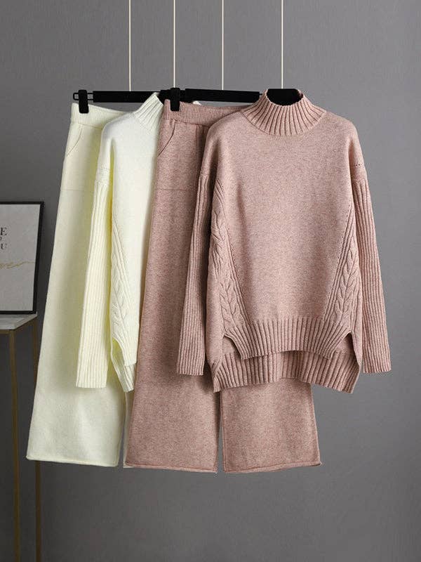 ShieldChic - Wholesale Top & Pant Set (NOT Loungewear) - Women's - Urban High-Low Wide Leg Split-Side Solid Color Half Turtleneck Sweater Tops Pants Two Pieces Set3