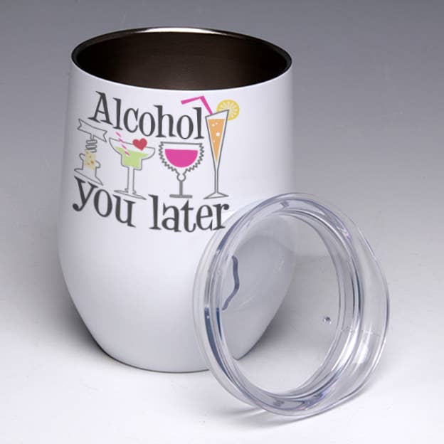 Alcohol You Later....Stemless Wine Glass Tumbler for wholesale by Liane Fried Studio
