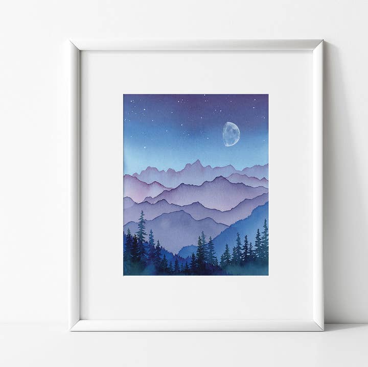 November Moon Watercolor Mountain Fine Art Print for wholesale by Shelby Thayne Art