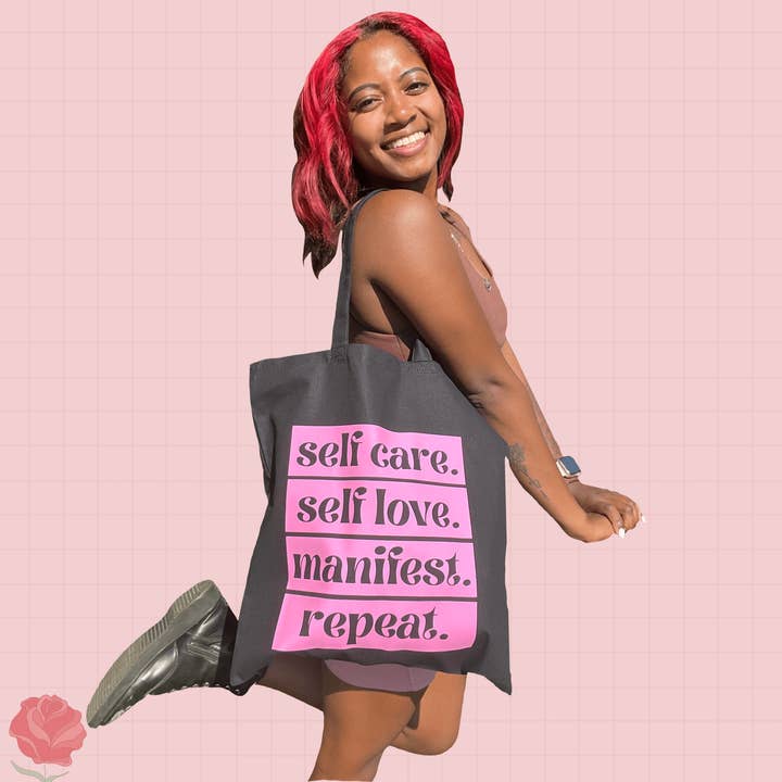 self care. self love. mantra tote bags for wholesale by jlurose