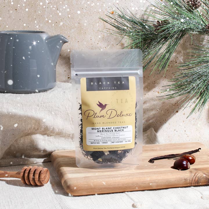 Thé en vrac noir Mont Blanc (Meringue aux marrons) pour la vente par Plum Deluxe Tea