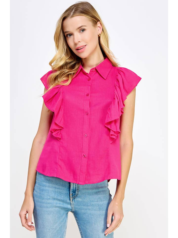 Strut & Bolt - Venta al por mayor Camisa con botones - Mujer - Blusa de lino sin mangas con volantes en los hombros