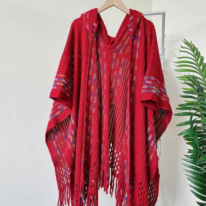 Rosa Clothing - Wholesale Cape - Women's - Bohemia Ethnic knit hooded Ruana Cape2