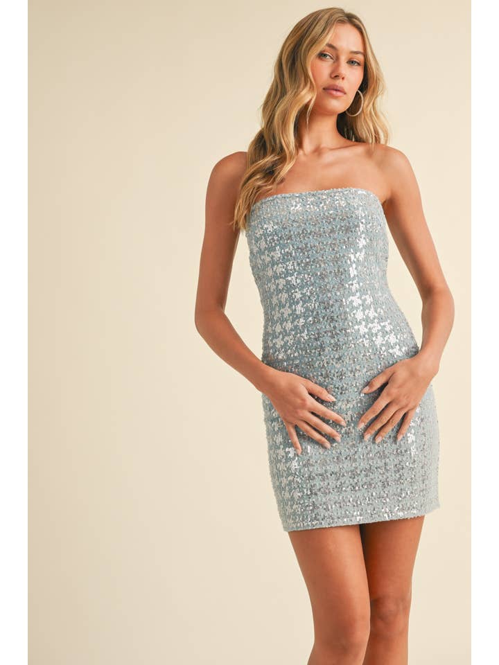 Klesis - Wholesale Dress - Women's - ID8427 SEQUIN DENIM HOUNDSTOOTH STRAPLESS MINI DRESS
