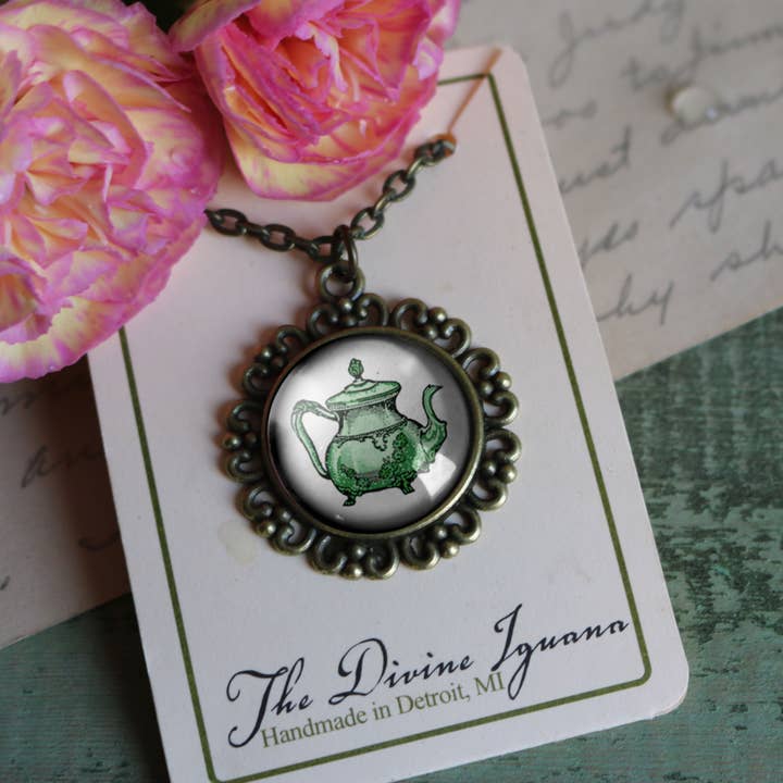 Pastel Green Teapot Steampunk Ornate Pendant Necklace i for wholesale by The Divine Iguana