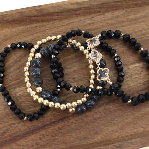Pretty Persuasions - Wholesale Beaded Bracelet - B24106 5 Row Mixed Stone/Clover Glass Beads Stretch Bracelet
