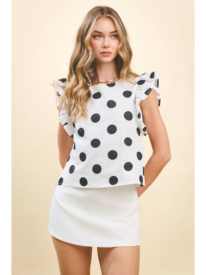 White CT9311-Polka Dot Print Ruffle Sleeves Back Keyhole Top for wholesale on Faire