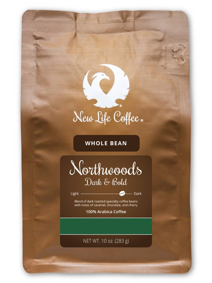 Northwoods : Haricot entier foncé et audacieux, sachet de 10 oz pour la vente par New Life Coffee