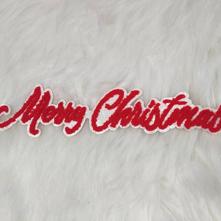 Wholesale Cursive Red 'Merry Christmas' Chenille on White Glitter