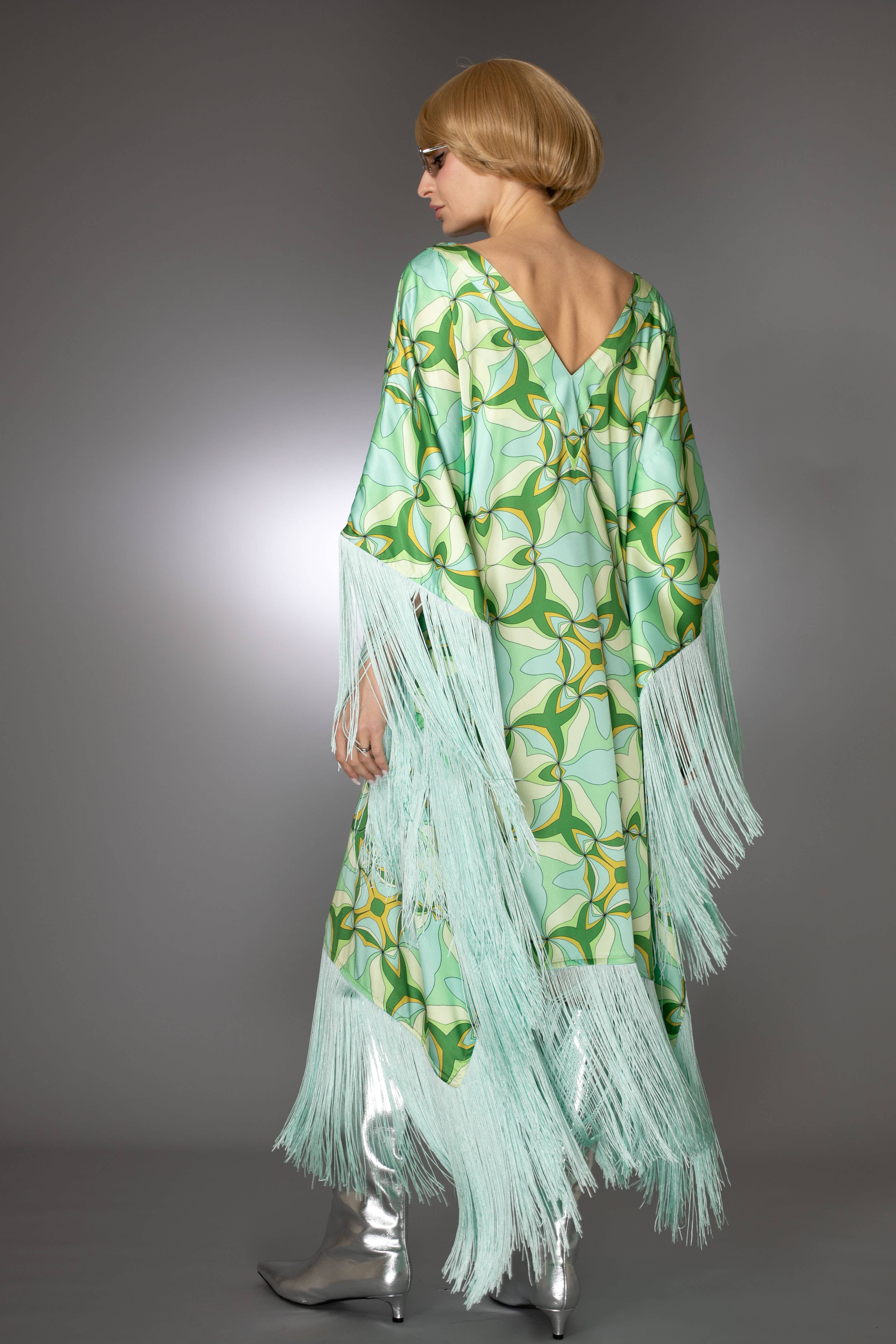Nuvula - Wholesale Kaftan - Women's - Mint Green Fringed Satin Long Kaftan Dress 3