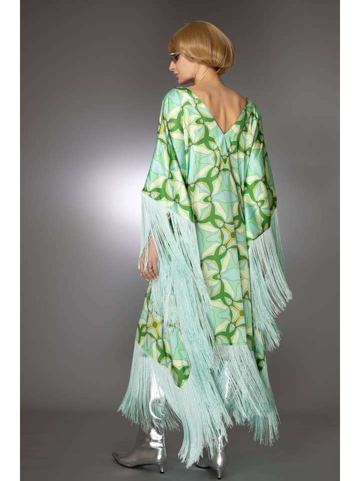 Nuvula - Wholesale Kaftan - Women's - Mint Green Fringed Satin Long Kaftan Dress 3