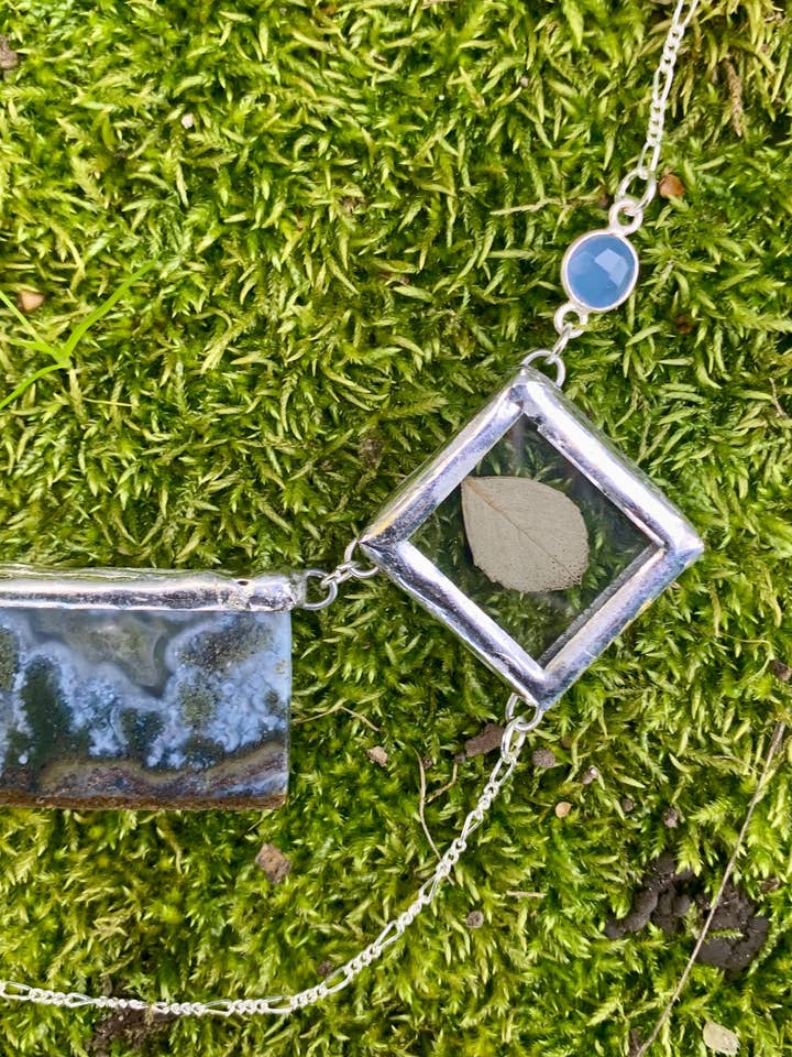 Sterling Silver Forest Agate Necklace with Figaro Chain for wholesale by Outsider Artshop