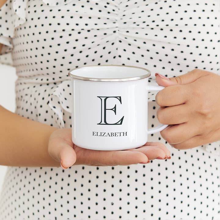 Weddingstar Inc. - Wholesale Coffee Mug - Personalized White Enamel SS Coffee Mug - Deco Monogram2