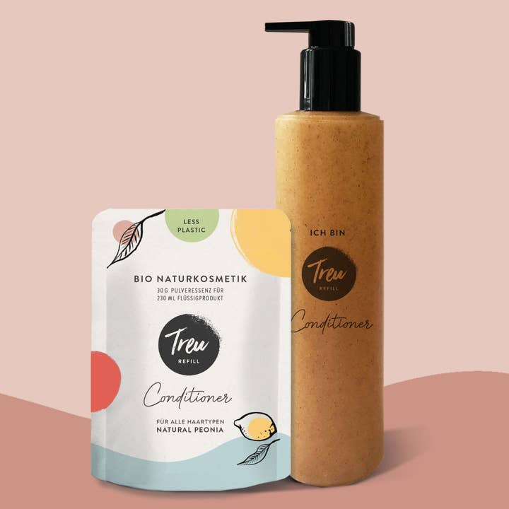 Bio Naturkosmetik Conditioner in Pulverform mit Refill-Flasche aus Flüssigholz für den Großhandel von Treu-Refill