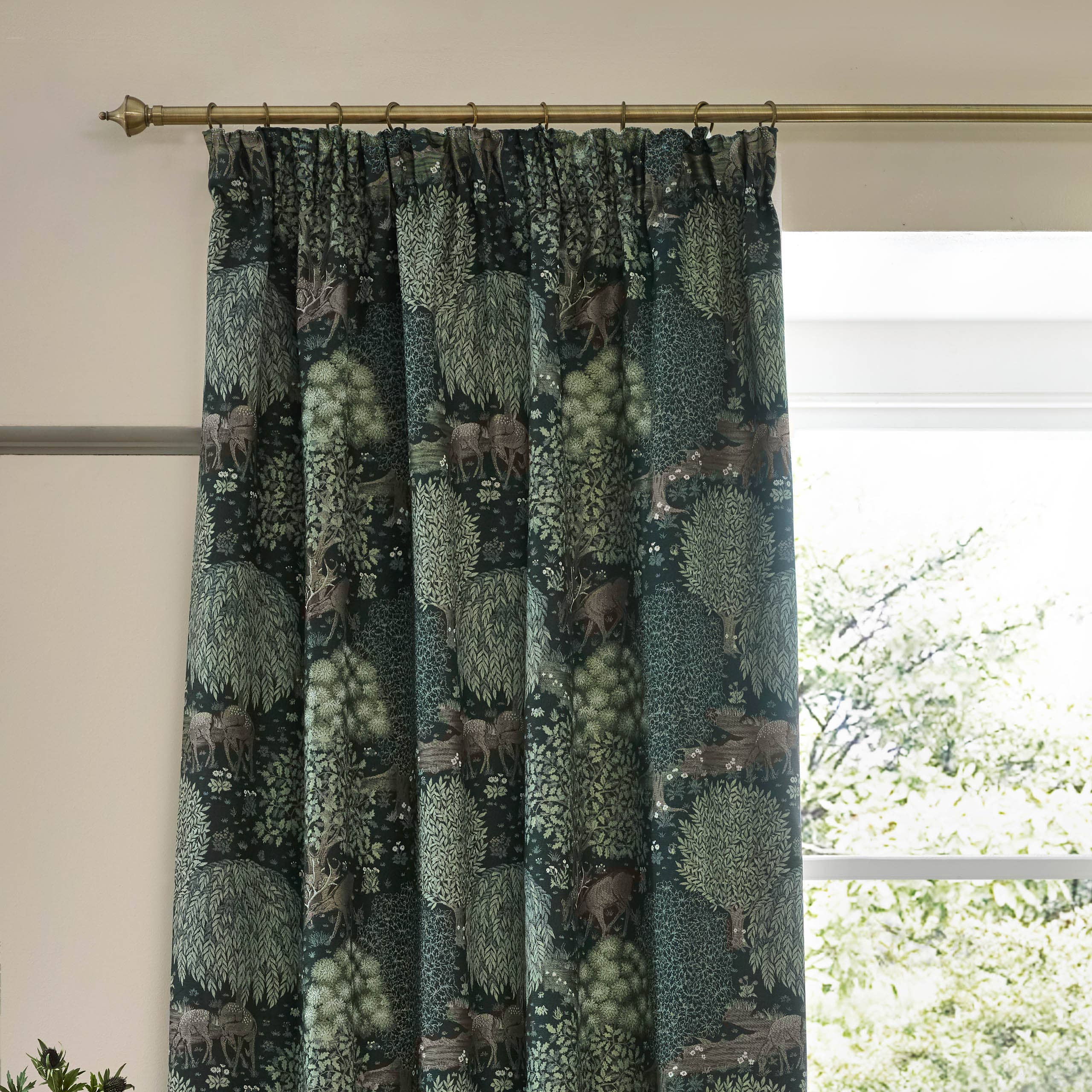Brook Woodland Jacquard Pencil Pleat Curtains Forest Green for wholesale on Faire2