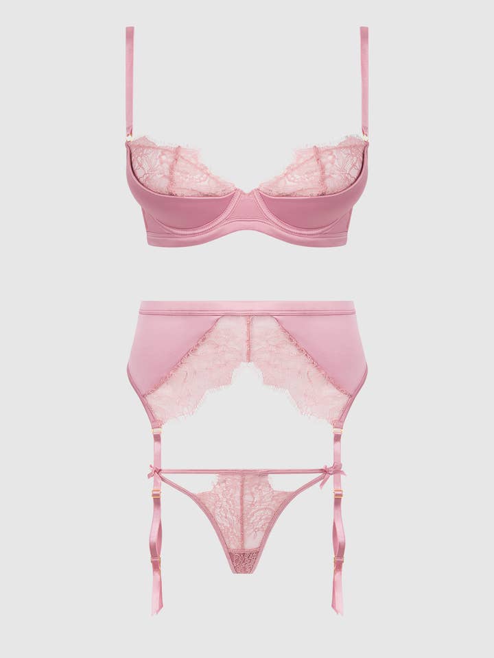 ROSA Set reggiseno, reggicalze e perizoma in satin e pizzo Blair in vendita all'ingrosso su Faire4