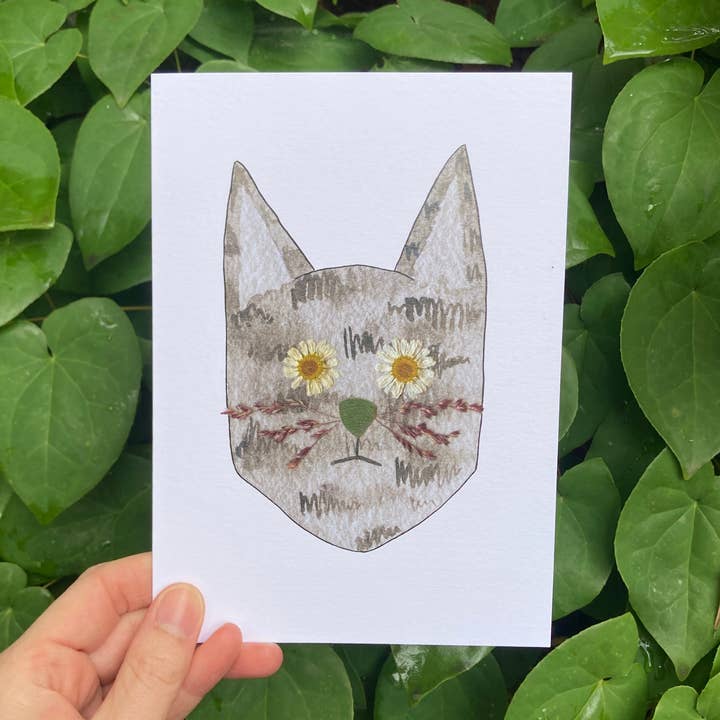 Gray Cat Flower Eye Frameable Card for wholesale by Little Leaf Ink