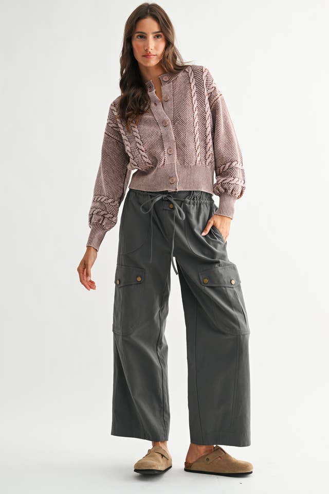 Camellia - Wholesale Cardigan - Women's - CW10019E WASHED BLENDED BROWN CABLE KNIT CARDIGAN42