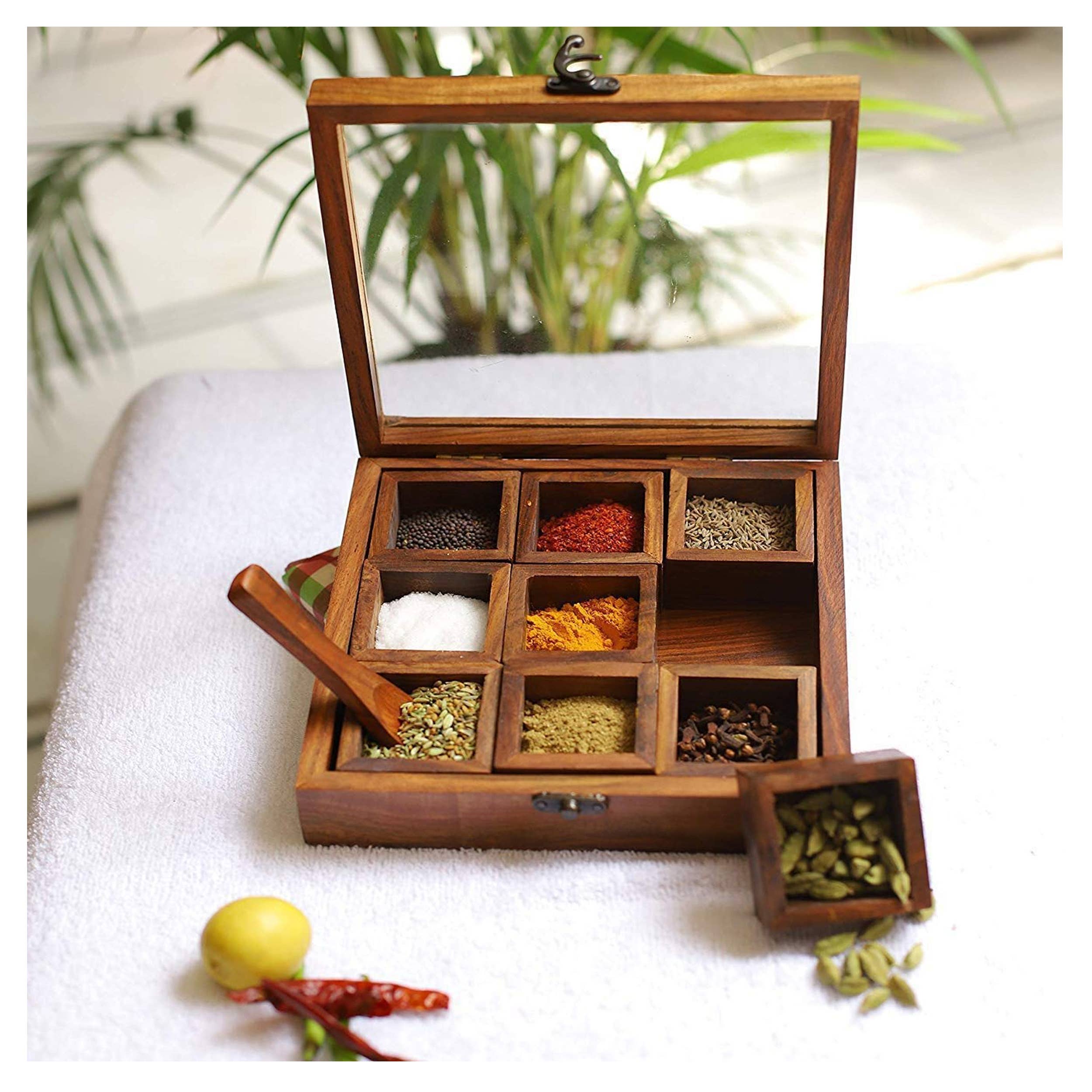 Casa Amarosa Handmade Wood Spice Jars with Tray _ Fall